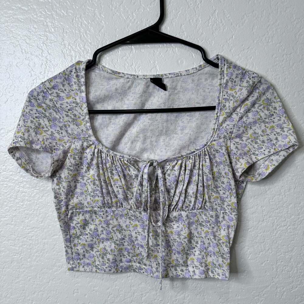Shein Floral Print Short Sleeve Tie-Front Cropped Top - XS